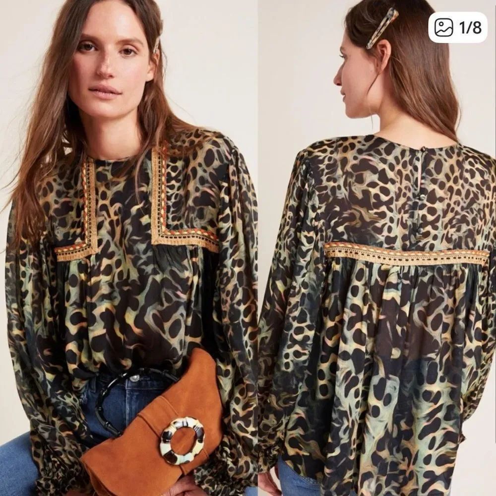 Anthropologie Blank London Joelle Leopard Peasant Blouse Large FLAWS